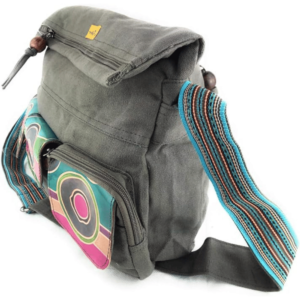 Macha Sac en coton et inserts en cuir avec imprimés colorés, sac à main en coton et cuir pour femme ethnique indienne, bohème, hippie