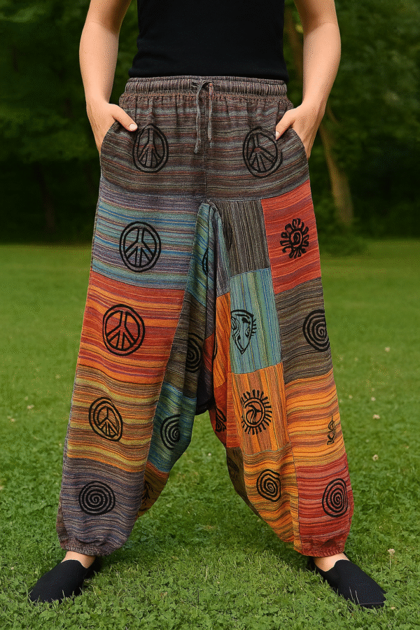 Pantalon harem en patchwork coloré, présentant un design vibrant et varié, idéal pour un style décontracté et original.