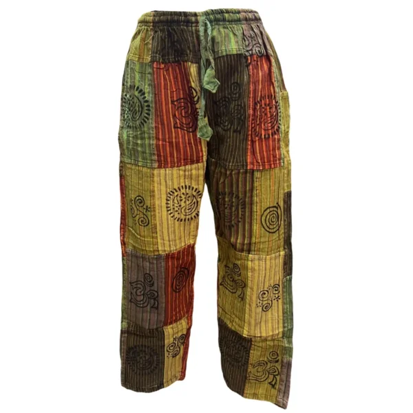 A pair of pants featuring vibrant, colorful designs throughout the fabric.