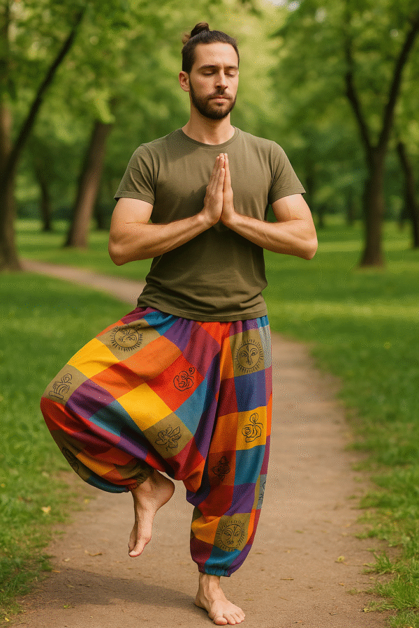 Pantalon harem coloré avec un motif vibrant et attrayant, parfait pour un style décontracté et original.