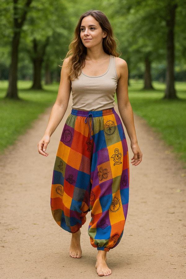 Pantalon harem coloré avec un motif vibrant et attrayant, parfait pour un style décontracté et original.