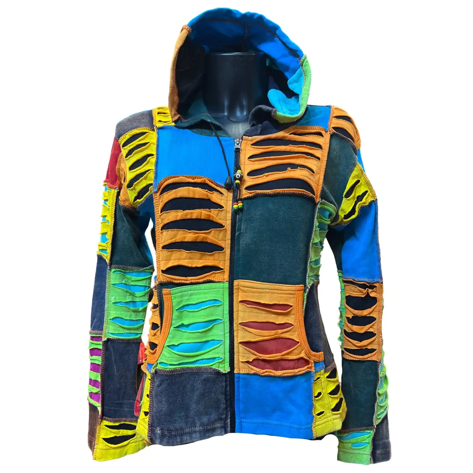 Veste colorée avec capuche et fermeture éclair, alliant style et confort pour une allure moderne.