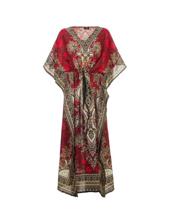 Robe kaftan rouge et noire ornée d'un motif paisley, alliant élégance et style traditionnel.