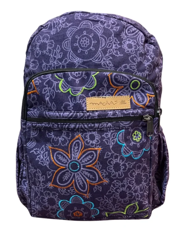 Un sac à dos violet orné d'un motif floral coloré, parfait pour les amateurs de style et de nature.