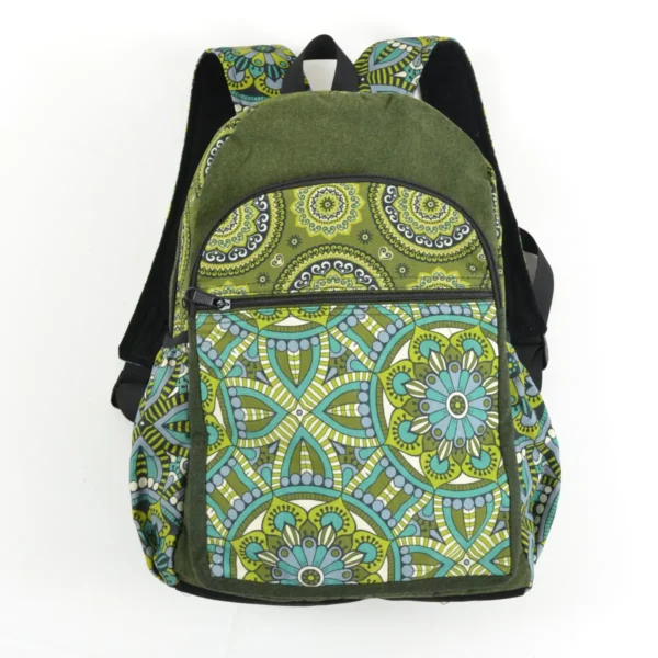 Un sac à dos vert orné d'un motif paisley bleu et vert, élégant et coloré, parfait pour un usage quotidien.