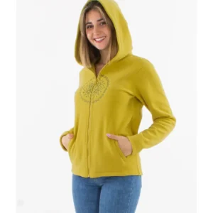 Sweat à capuche jaune pour femmes, en mélange de coton doux, avec fermeture éclair. Confort et style réunis.