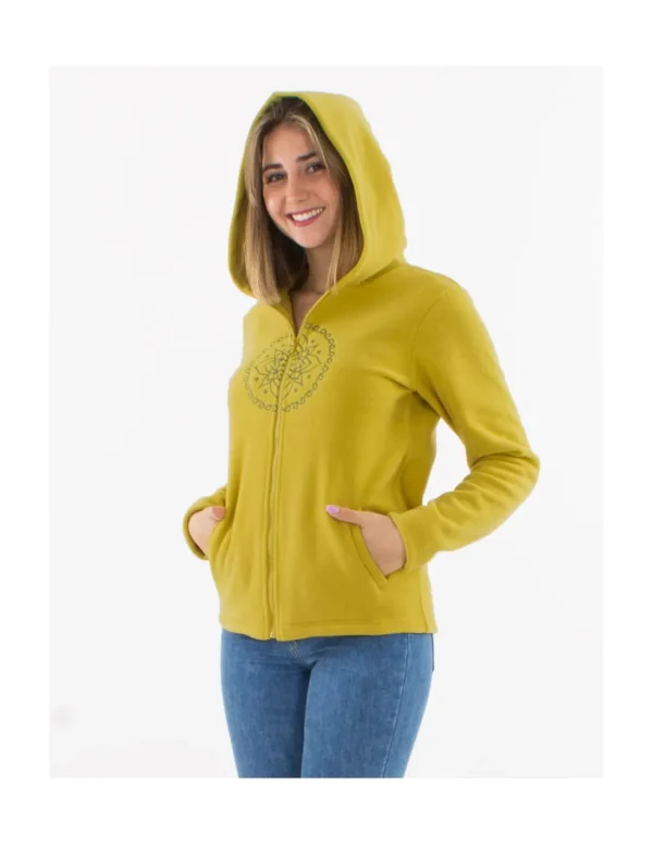 Sweat à capuche jaune pour femmes, en mélange de coton doux, avec fermeture éclair. Confort et style réunis.