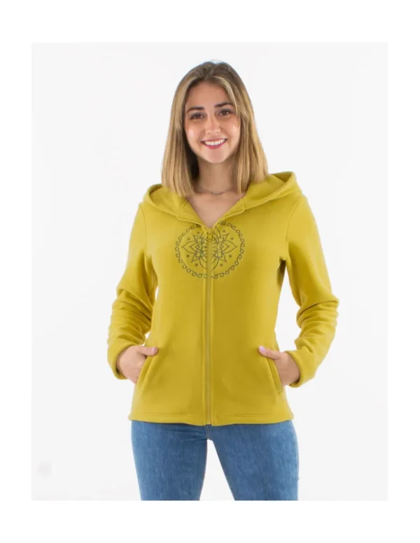 Sweat à capuche jaune pour femmes, en mélange de coton doux, avec fermeture éclair. Confort et style réunis.