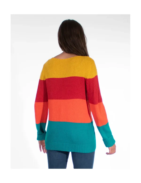 Un pull multicolore en tricot doux et extensible, offrant confort et style.