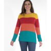 Un pull multicolore en tricot doux et extensible, offrant confort et style.