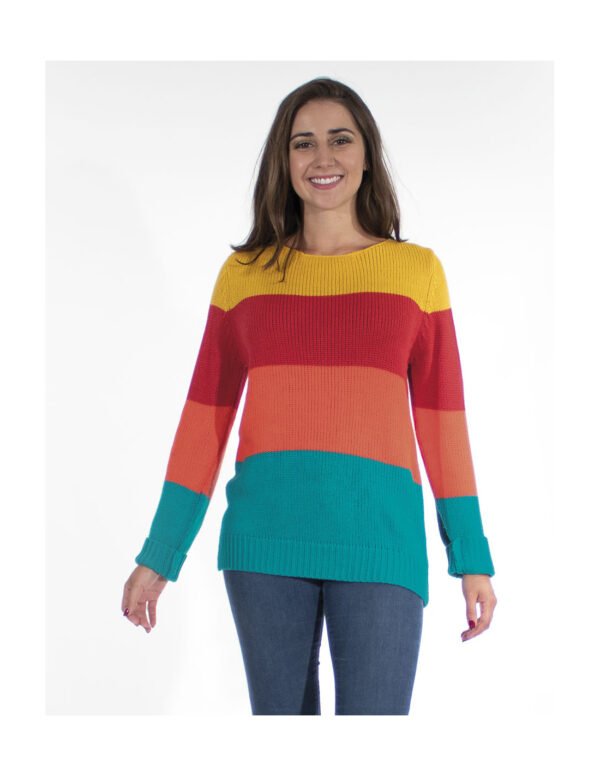 Un pull multicolore en tricot doux et extensible, offrant confort et style.