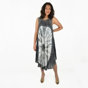 Robe tie-dye noire et blanche sans manches, style bohème chic, mi-longue fluide