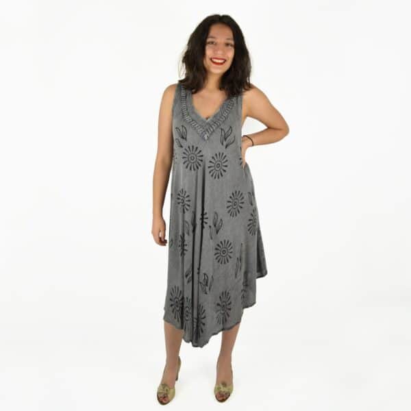 Robe midi grise femme sans manches, col en V, motifs floraux bohème chic, coupe fluide asymétrique – vue de face