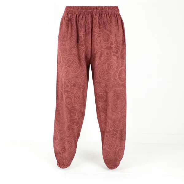 Pantalon de détente bohème rouge terre cuite avec imprimé mandala, coupe ample unisexe