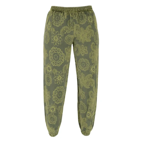 Jogging vert olive à motifs fleurs et cachemire, taille élastique et bas resserrés