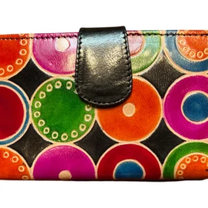 Petit portefeuille en cuir coloré avec poche monnaie à bouton pression, décoré de motifs circulaires multicolores ethniques