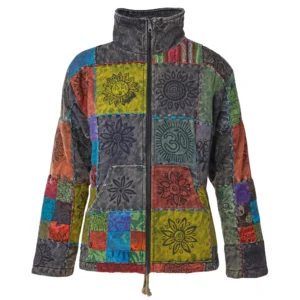 Veste bohème patchwork en coton multicolore avec fermeture éclair, vue de face