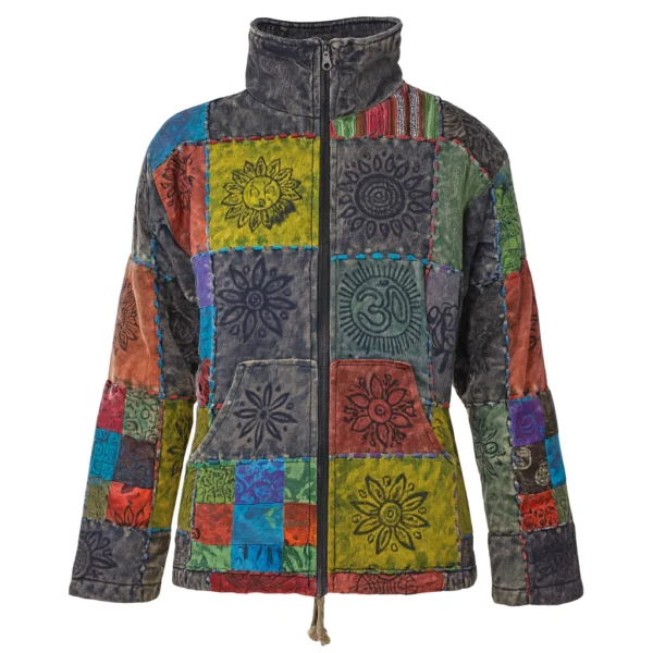 Veste bohème patchwork en coton multicolore avec fermeture éclair, vue de face