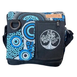 Sac bandoulière ethnique bleu et noir avec arbre de vie brodé – vue avant