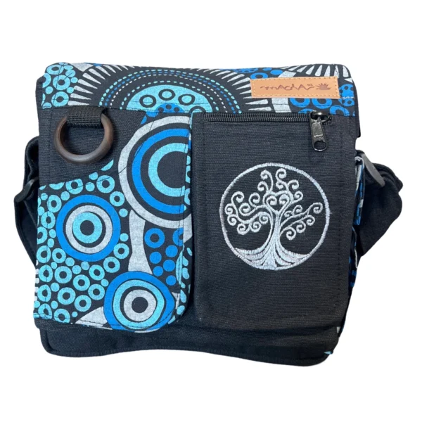 Sac bandoulière ethnique bleu et noir avec arbre de vie brodé – vue avant