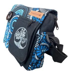 Sac bandoulière ethnique en coton avec arbre de vie brodé – Bleu & Noir