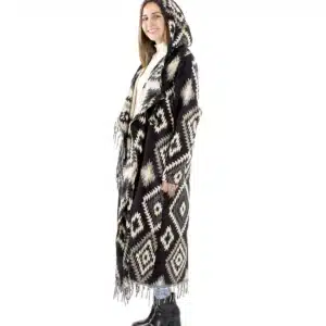 Manteau long à capuche style ethnique – Motifs géométriques