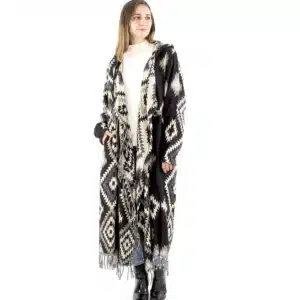 Manteau long à capuche style ethnique – Motifs géométriques