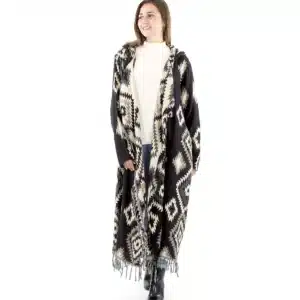 Manteau long à capuche style ethnique – Motifs géométriques
