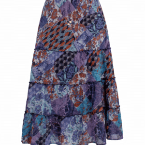 Jupe longue patchwork bohème à volants – Taille smockée fluide