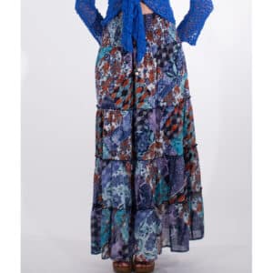 Jupe longue patchwork bohème à volants – Taille smockée fluide