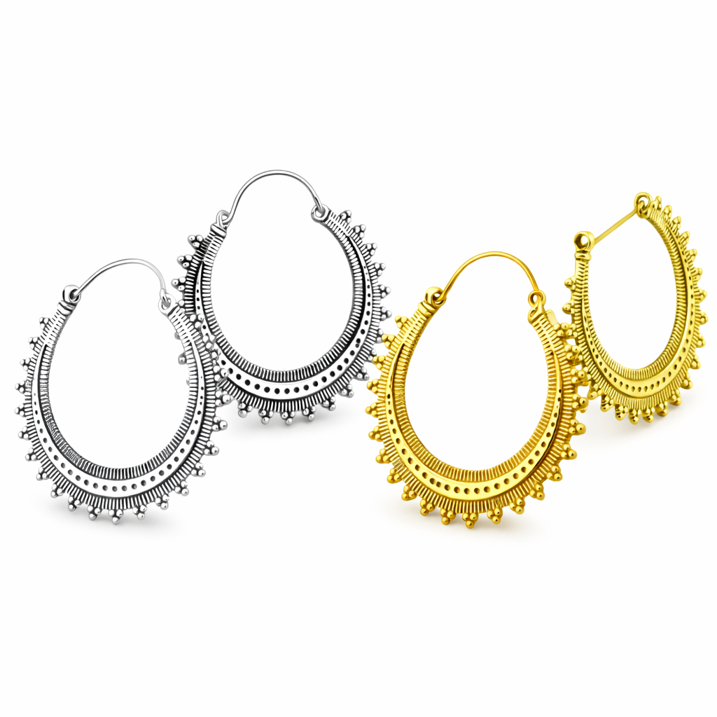 Boucles d’Oreilles Créoles Bohèmes en Laiton – Bijoux Ethniques Artisanaux Fabriqués en Inde