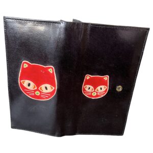 Portefeuille Femme en Cuir Noir avec Motif Chat Rouge