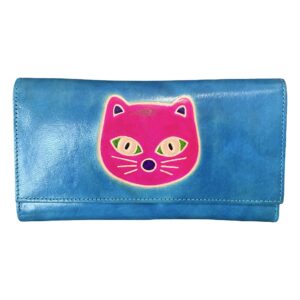Portefeuille Femme en Cuir Bleu avec Motif Chat Rose