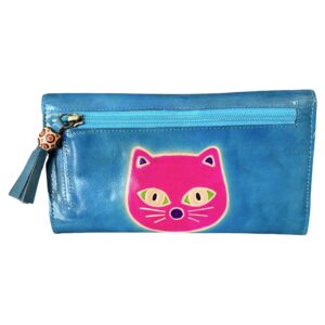 Portefeuille Femme en Cuir Bleu avec Motif Chat Rose