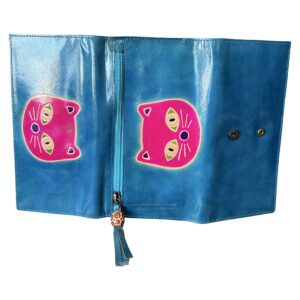 Portefeuille Femme en Cuir Bleu avec Motif Chat Rose