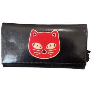 Portefeuille Femme en Cuir Noir avec Motif Chat Rouge