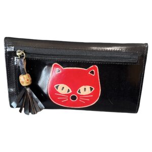 Portefeuille Femme en Cuir Noir avec Motif Chat Rouge