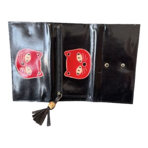 Portefeuille Femme en Cuir Noir avec Motif Chat Rouge