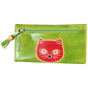 Portefeuille en cuir vert avec motif chat rouge