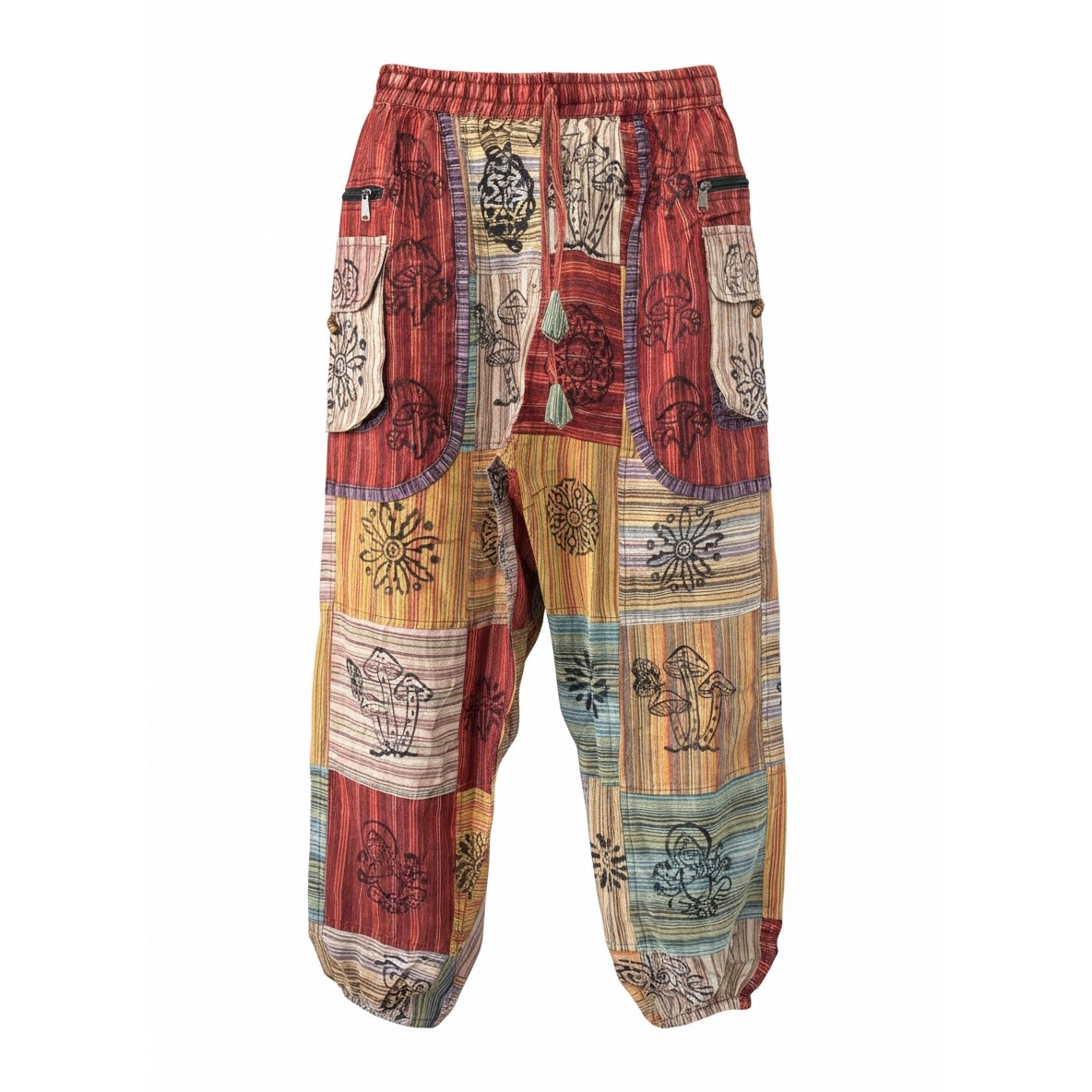 Pantalon Patchwork Imprimé Champignon et Motifs Ethniques