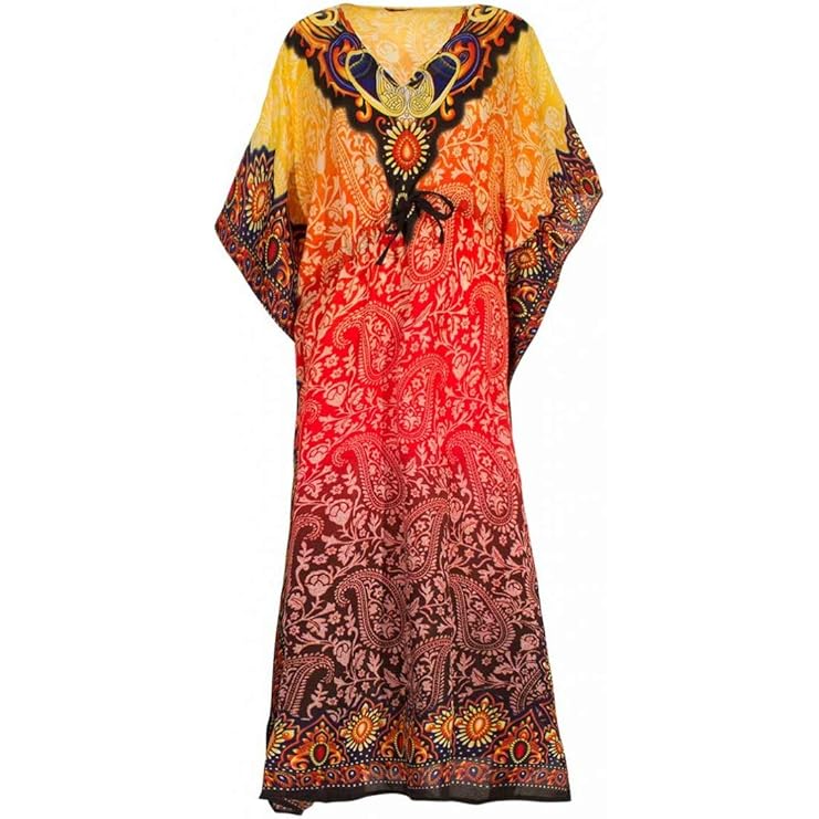 Robe Kaftan Ethnique Longue à Motifs Paisley & Dégradé Flamboyant
